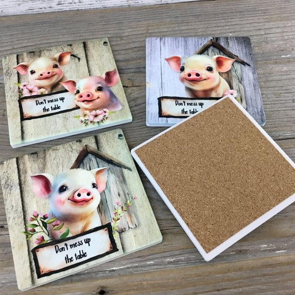 Pig Don't Mess up the Table Set of 4 Sandstone Coasters - Picture 6 of 7